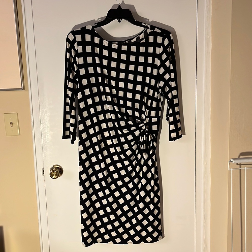 Faux wrap dress with tie and ruching around waist